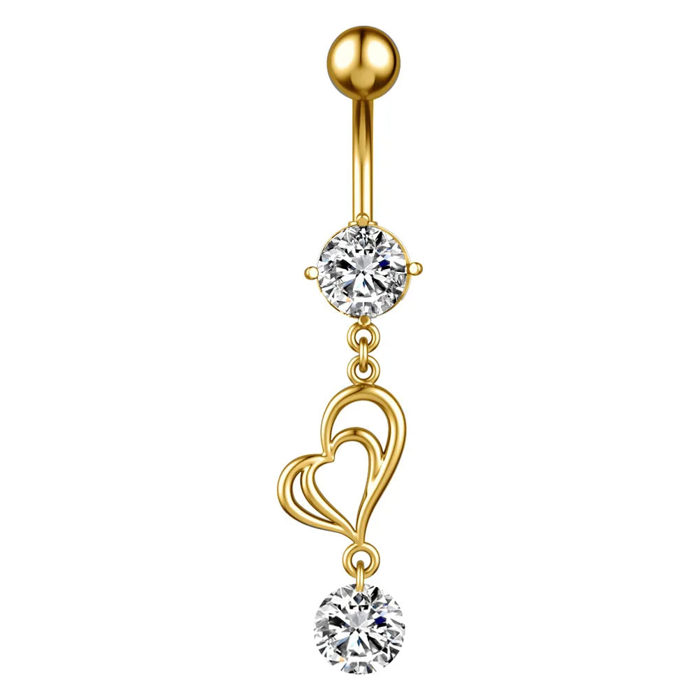 Gold-plated belly button ring with a ball top, a round clear gemstone, an open heart outline charm, and a dangling round clear gemstone on a white background.