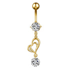 Gold-plated belly button ring with a ball top, a round clear gemstone, an open heart outline charm, and a dangling round clear gemstone on a white background.
