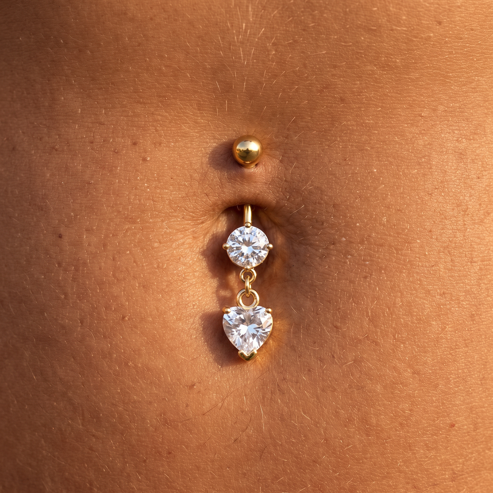 A close-up of a gold belly button ring with a small gold ball stud above a center piercing, featuring a round clear gemstone and a dangling heart-shaped clear gemstone, shown on skin.