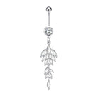 A silver-toned belly button ring featuring a single round clear gemstone and a dangling leaf-shaped marquise-cut crystal cluster, shown against a plain white background.