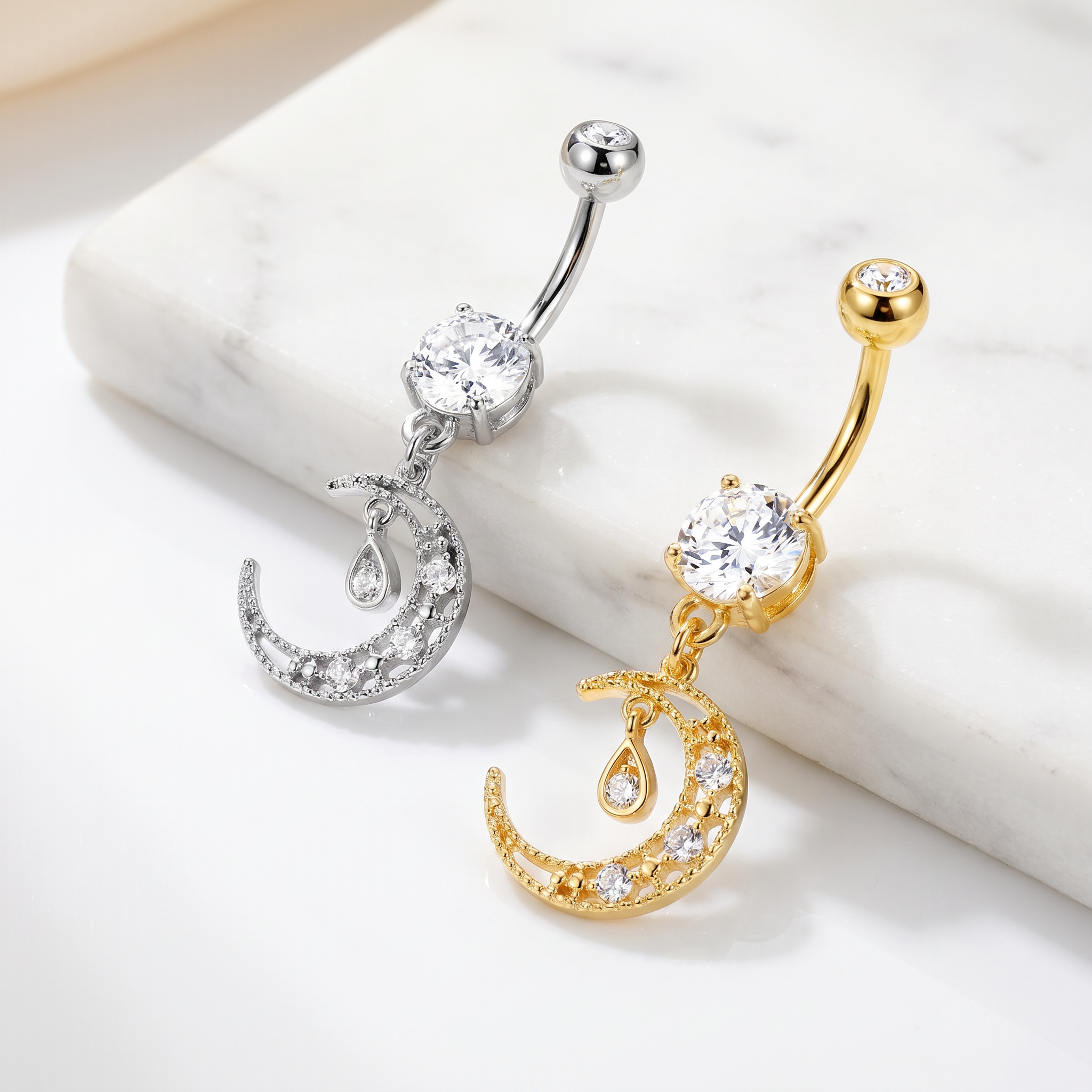 14 Gauge Dangling Silver Moon Belly Bar