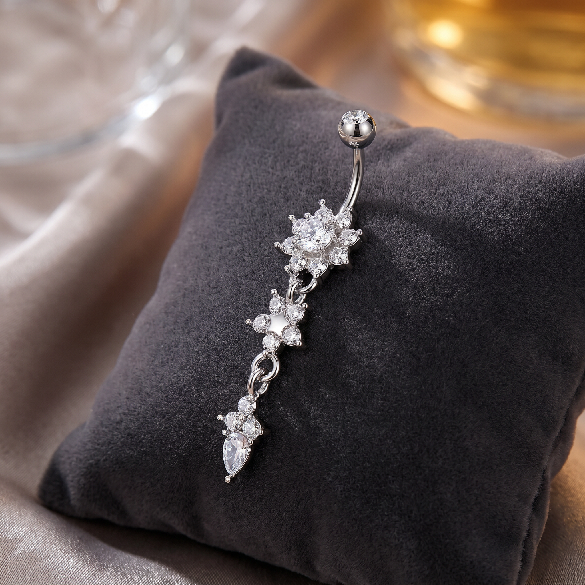 14 Gauge Dangling Triple Crystal Flower Belly Button Bar