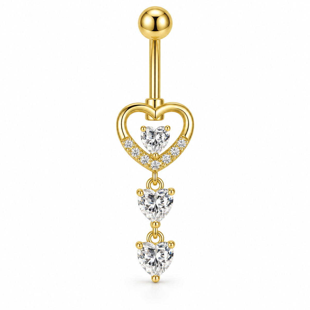 Gold-plated belly button ring with a heart-shaped dangle adorned with clear heart-shaped gemstones, shown on a solid white background.