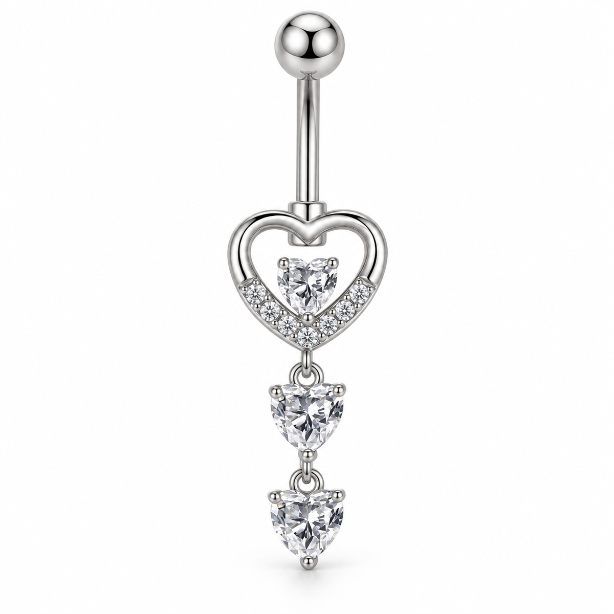 A silver-toned belly button ring featuring a heart-shaped pendant adorned with small clear stones and three dangling heart-shaped clear gemstones, shown on a plain white background.