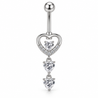 A silver-toned belly button ring featuring a heart-shaped pendant adorned with small clear stones and three dangling heart-shaped clear gemstones, shown on a plain white background.