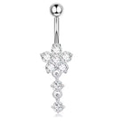 A silver-toned navel piercing barbell featuring a flower-shaped cluster of clear cubic zirconia stones, with three dangling round-cut stones below, set against a plain white background.