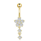 A gold-plated belly button ring featuring a floral cluster of clear cubic zirconia stones and three dangling round-cut stones, shown on a plain white background.
