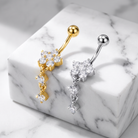14 Gauge Double Dangling Crystal Flower Belly Bar