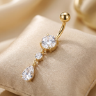 14 Gauge Double Dangling Crystal Teardrop Belly Bar - Gold