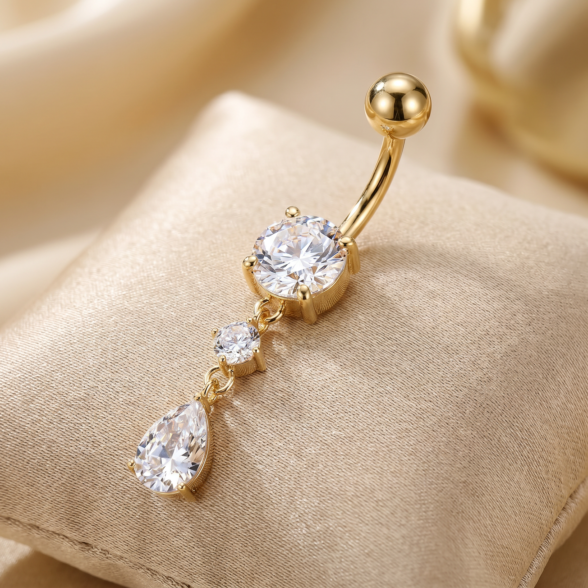 14 Gauge Double Dangling Crystal Teardrop Belly Bar - Gold