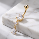 14 Gauge Double Dangling Crystal Teardrop Belly Bar - Gold