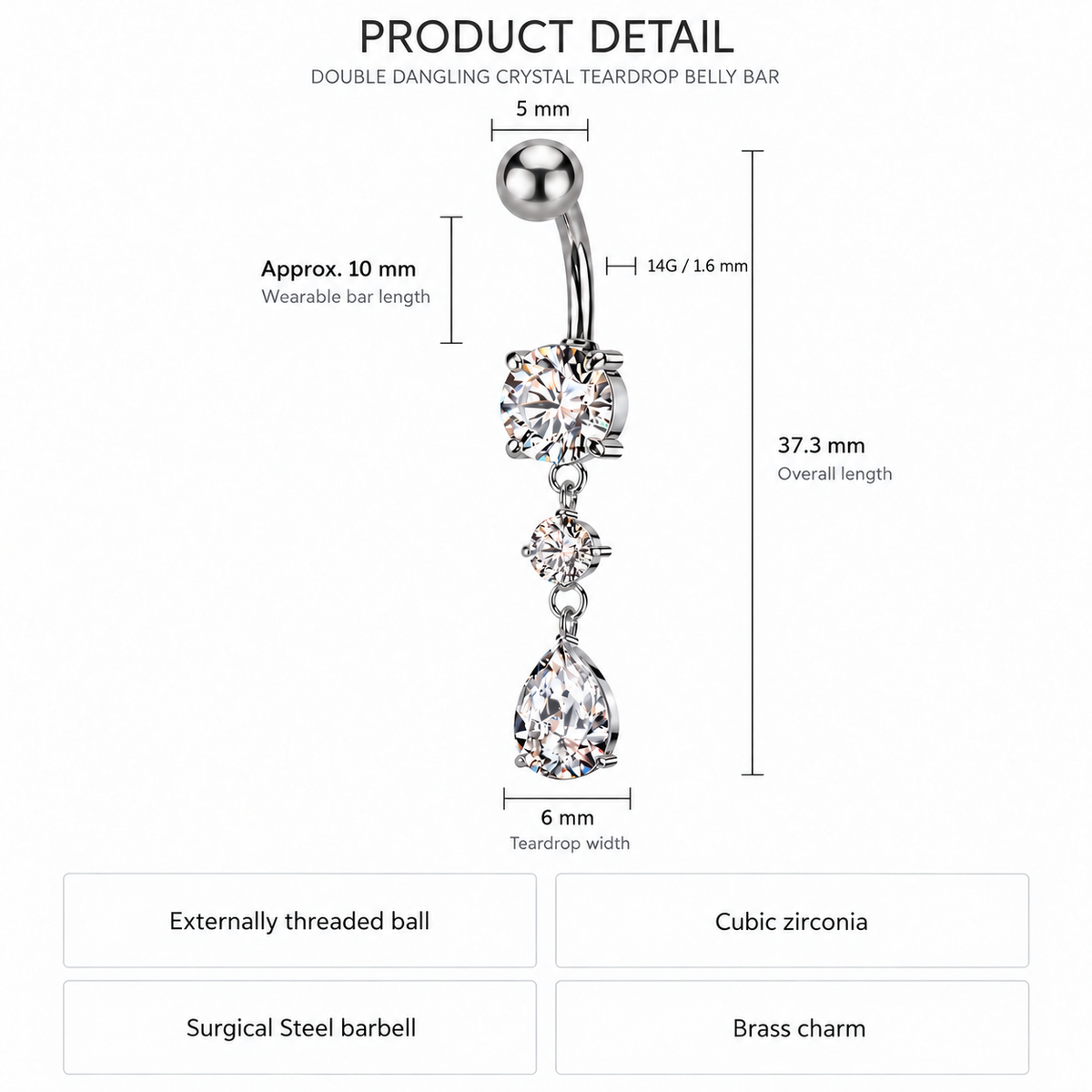 14 Gauge Double Dangling Crystal Teardrop Belly Bar - Silver