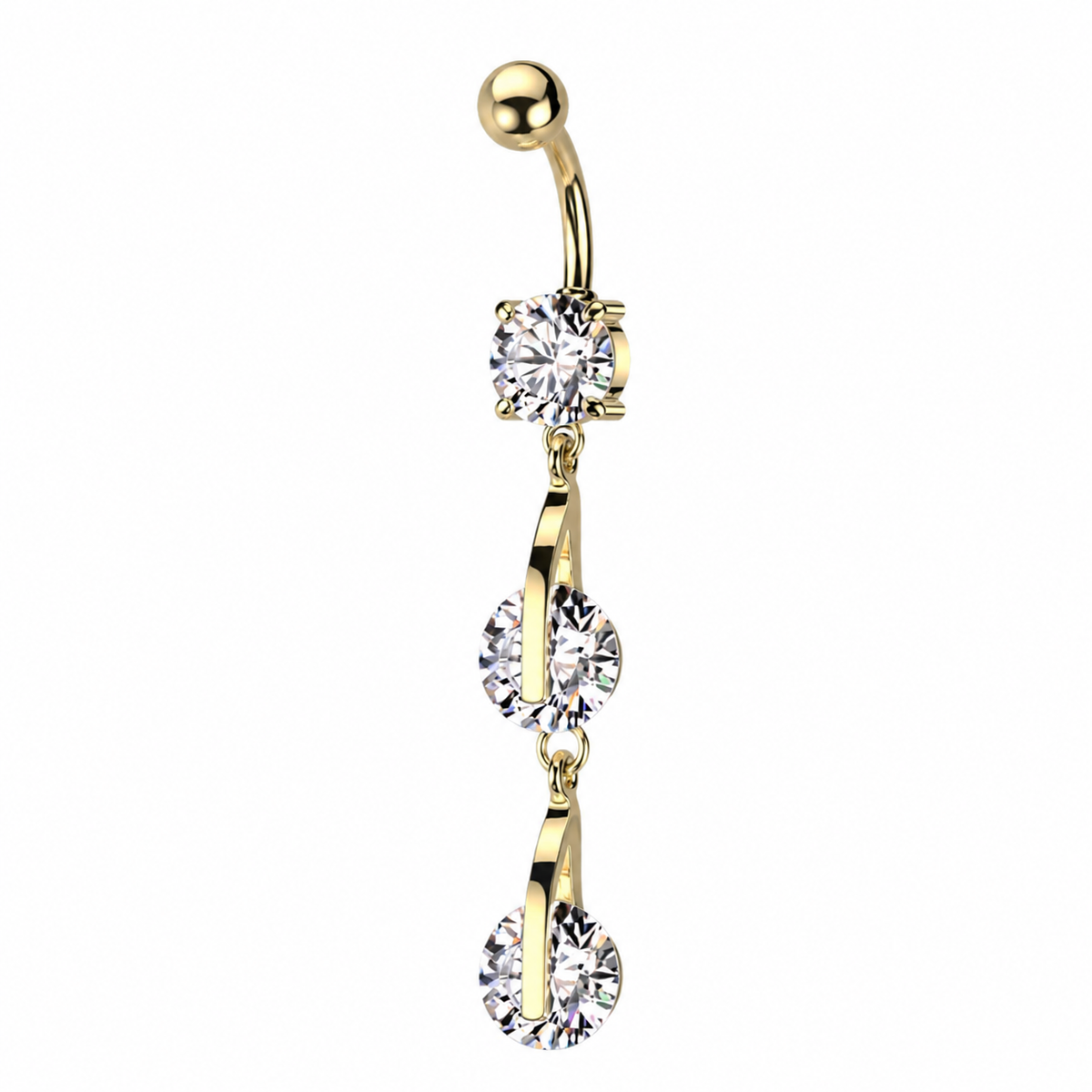 14 Gauge Double Dangling Gemstone Belly Bar gold