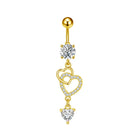 Gold belly button ring with heart-shaped pendants on a white background