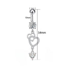 Silver-toned belly button ring with a ball top, a flower-shaped clear stone, and two dangling heart designs, shown with dimension labels 10mm, 5mm, and 54mm on a white background.