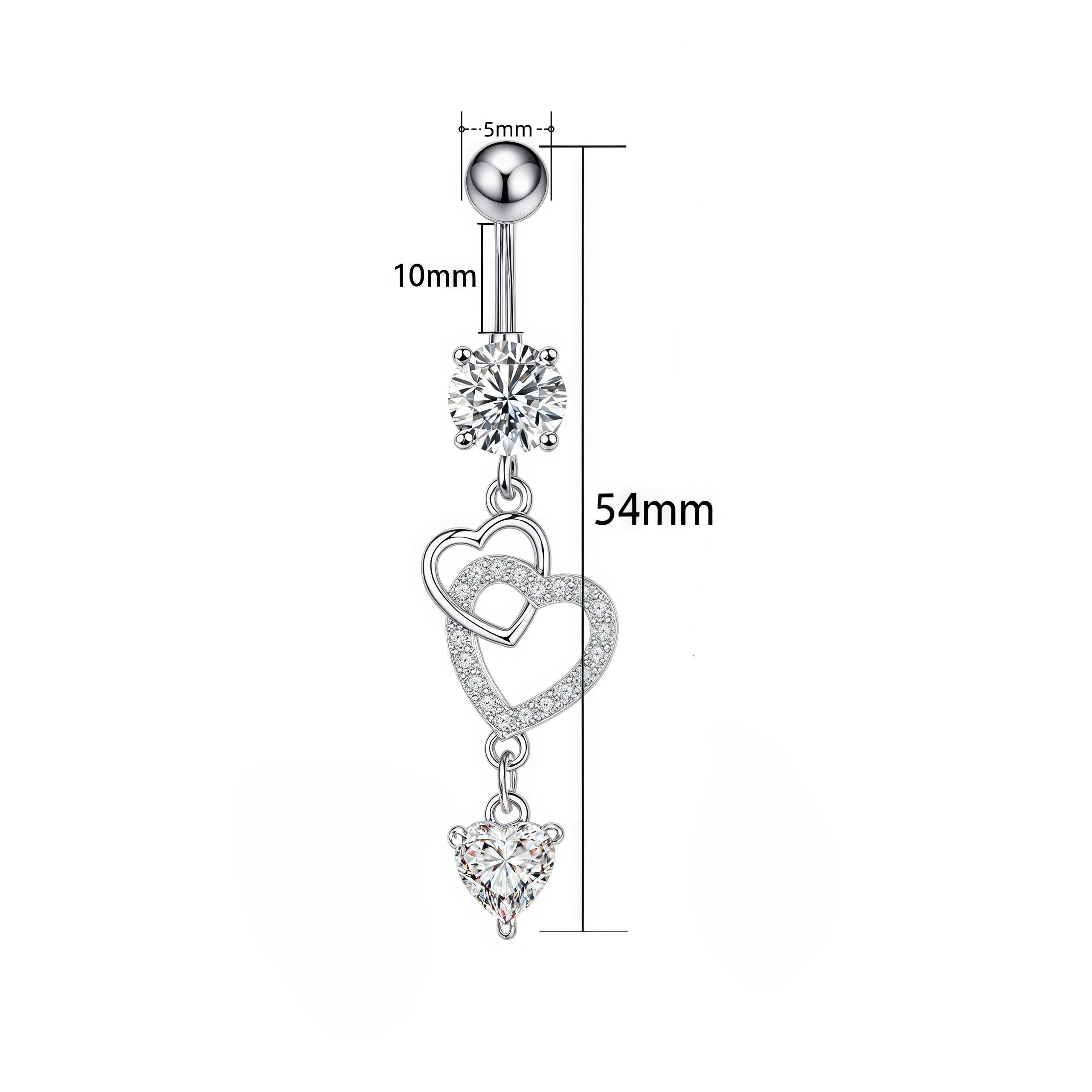 Silver-toned belly button ring with a ball top, a flower-shaped clear stone, and two dangling heart designs, shown with dimension labels 10mm, 5mm, and 54mm on a white background.
