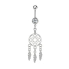 A silver-toned belly button ring featuring a ball stud, a clear rhinestone bezel, and a dangling dreamcatcher charm with three feather pendants, shown on a plain white background.