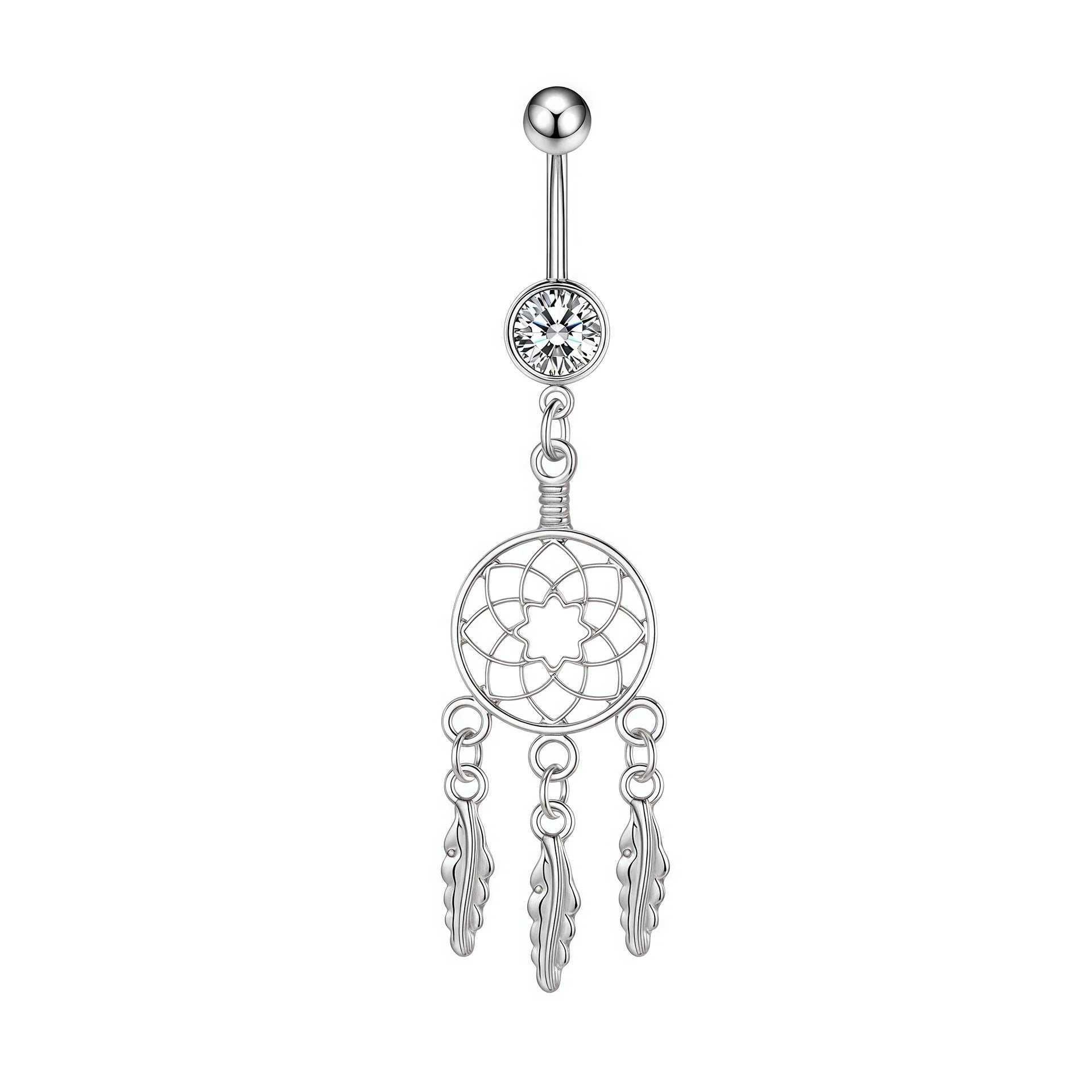 A silver-toned belly button ring featuring a ball stud, a clear rhinestone bezel, and a dangling dreamcatcher charm with three feather pendants, shown on a plain white background.