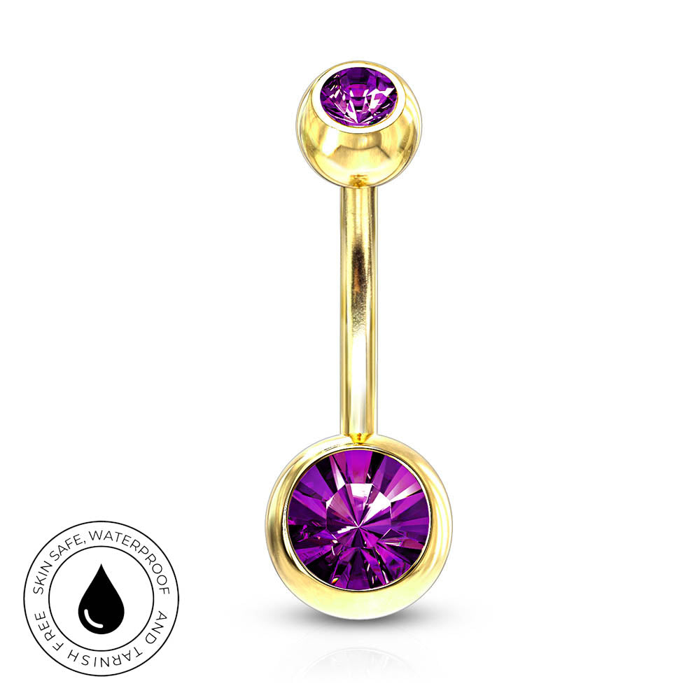 Gold-plated curved barbell navel jewelry with a faceted purple gemstone on each end, shown on a white background with a circular 'Skin Safe Waterproof' badge in the bottom-left corner.