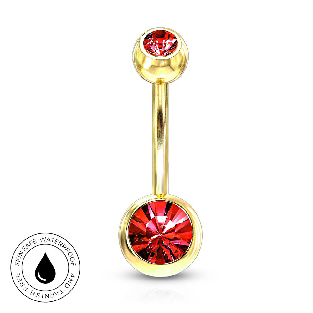 Gold-plated curved barbell navel jewelry with two red faceted gemstones, shown on a white background with a circular 'Skin Safe Waterproof' badge in the bottom-left corner.