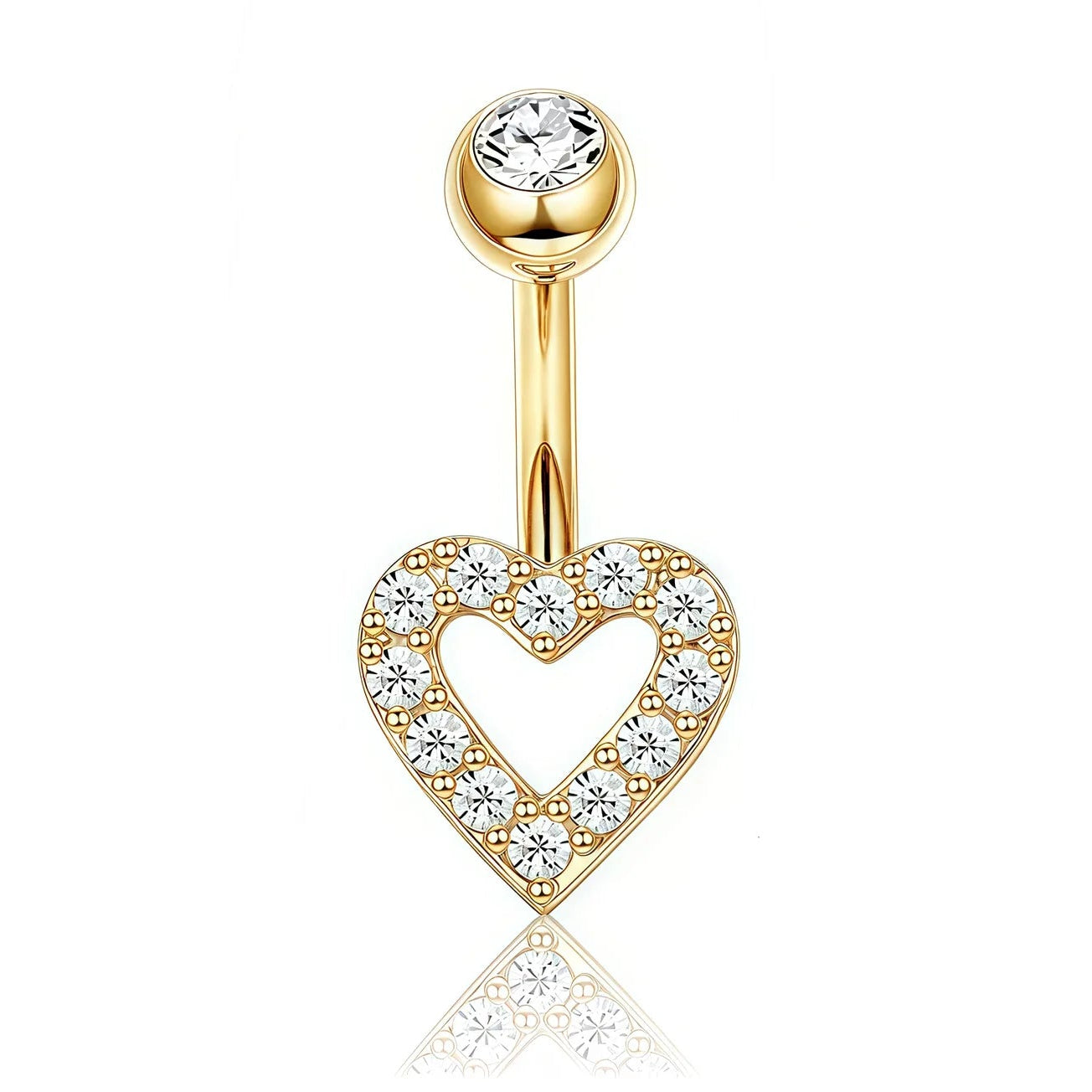 Gold-plated belly button ring with a heart-shaped pendant paved with clear cubic zirconia stones, featuring a round clear stone at the top, shown on a white background with a soft reflection.