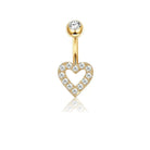 Gold-plated belly button ring with a heart-shaped pendant paved with clear cubic zirconia stones, featuring a round clear stone at the top, shown on a white background with a soft reflection.