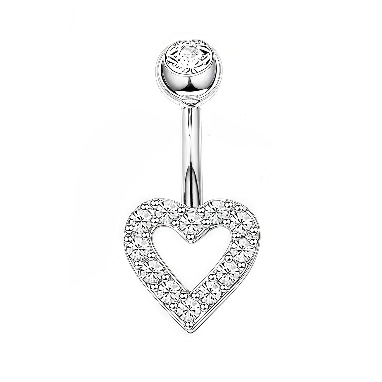 A silver-toned belly button ring featuring a heart-shaped pendant paved with small clear stones, with a round bezel-set clear stone on the barbell, shown against a plain white background.