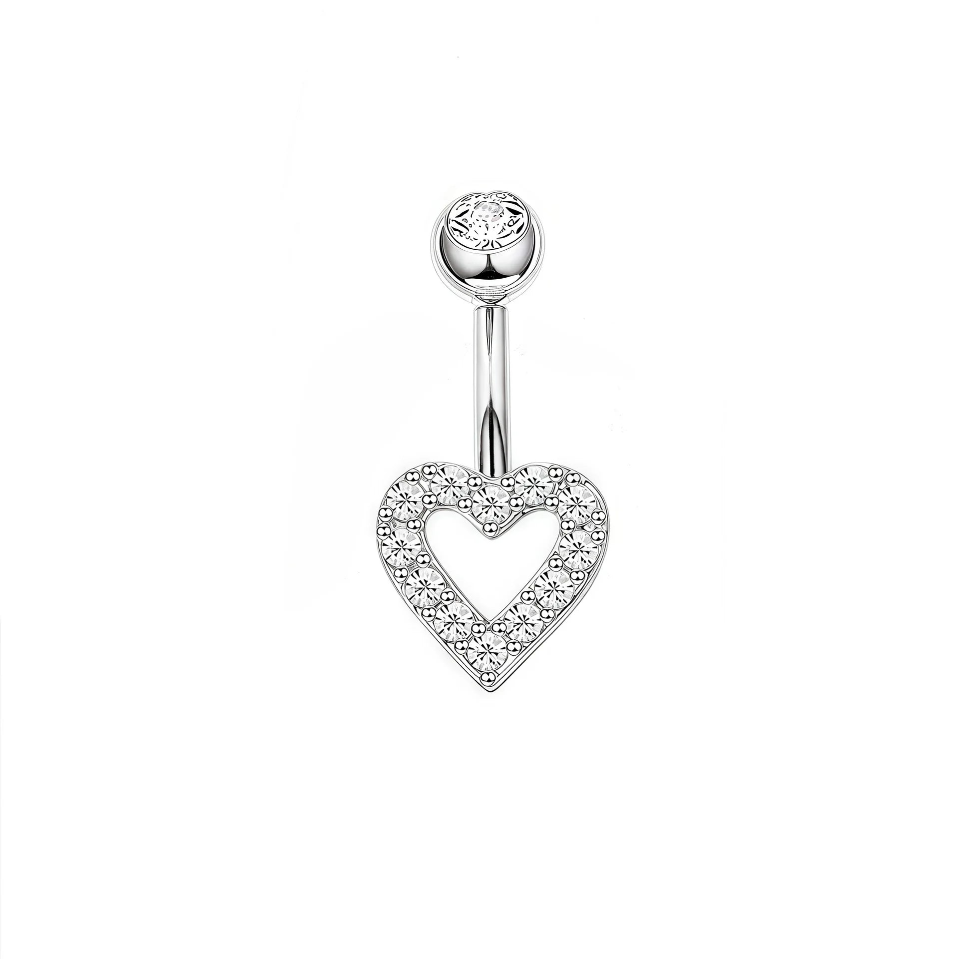 A silver-toned belly button ring featuring a heart-shaped pendant paved with small clear stones, with a round bezel-set clear stone on the barbell, shown against a plain white background.