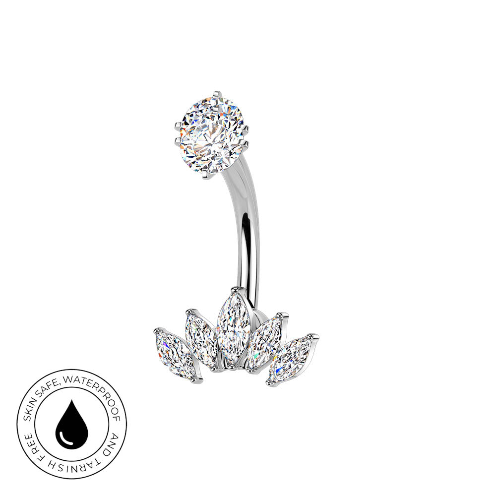 Silver curved barbell belly button ring with a round clear gemstone at the top and marquise-cut clear gemstones at the bottom, shown on a white background with a circular skin-safe waterproof badge in the lower left.