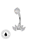 Silver curved barbell belly button ring with a round clear gemstone at the top and marquise-cut clear gemstones at the bottom, shown on a white background with a circular skin-safe waterproof badge in the lower left.
