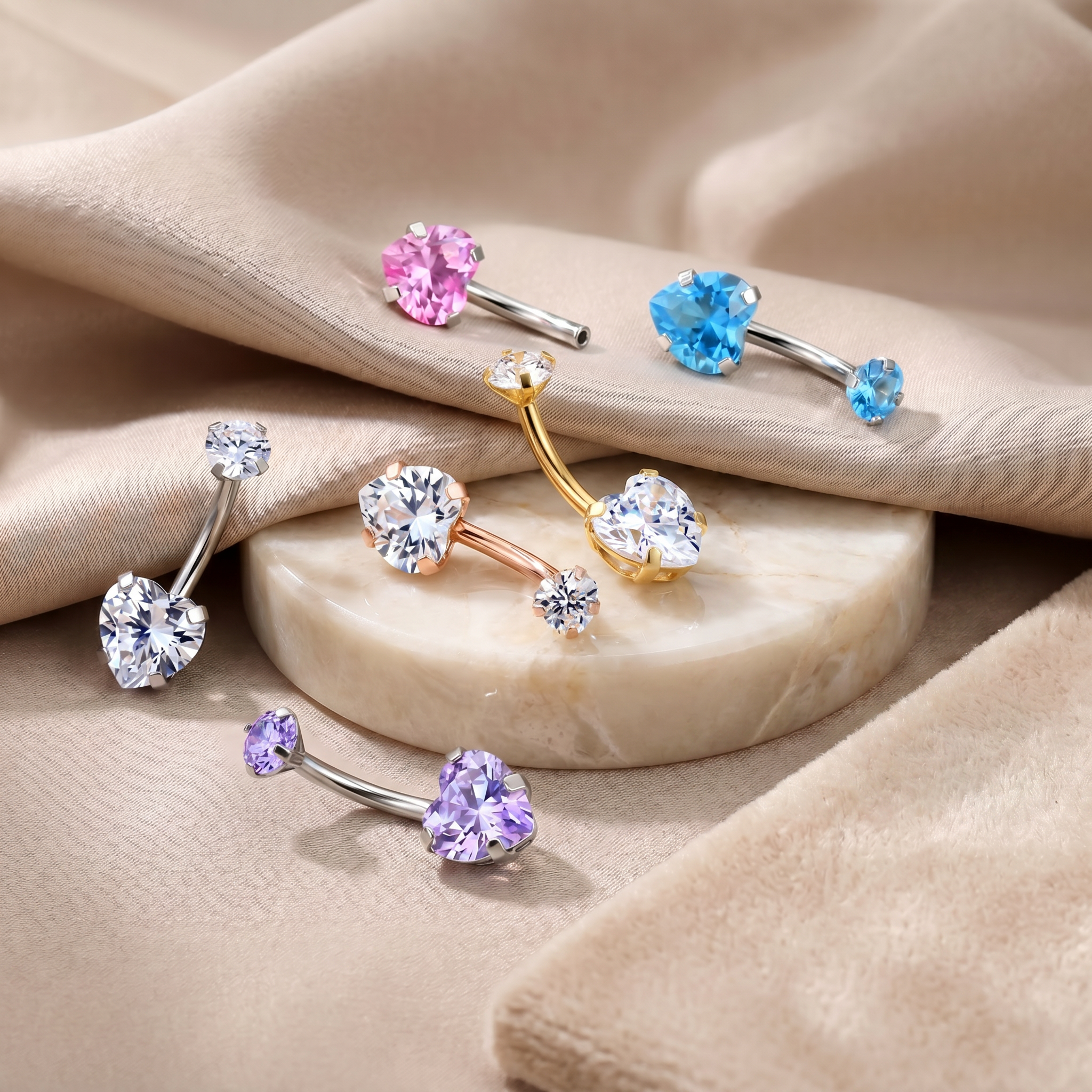 14 Gauge Hypoallergenic Crystal Heart Belly Bar
