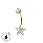 Gold-plated curved barbell belly button ring with a top round clear gemstone and a dangling star-shaped clear gemstone, shown on a white background with a circular 'Skin Safe Waterproof' badge in the lower left.