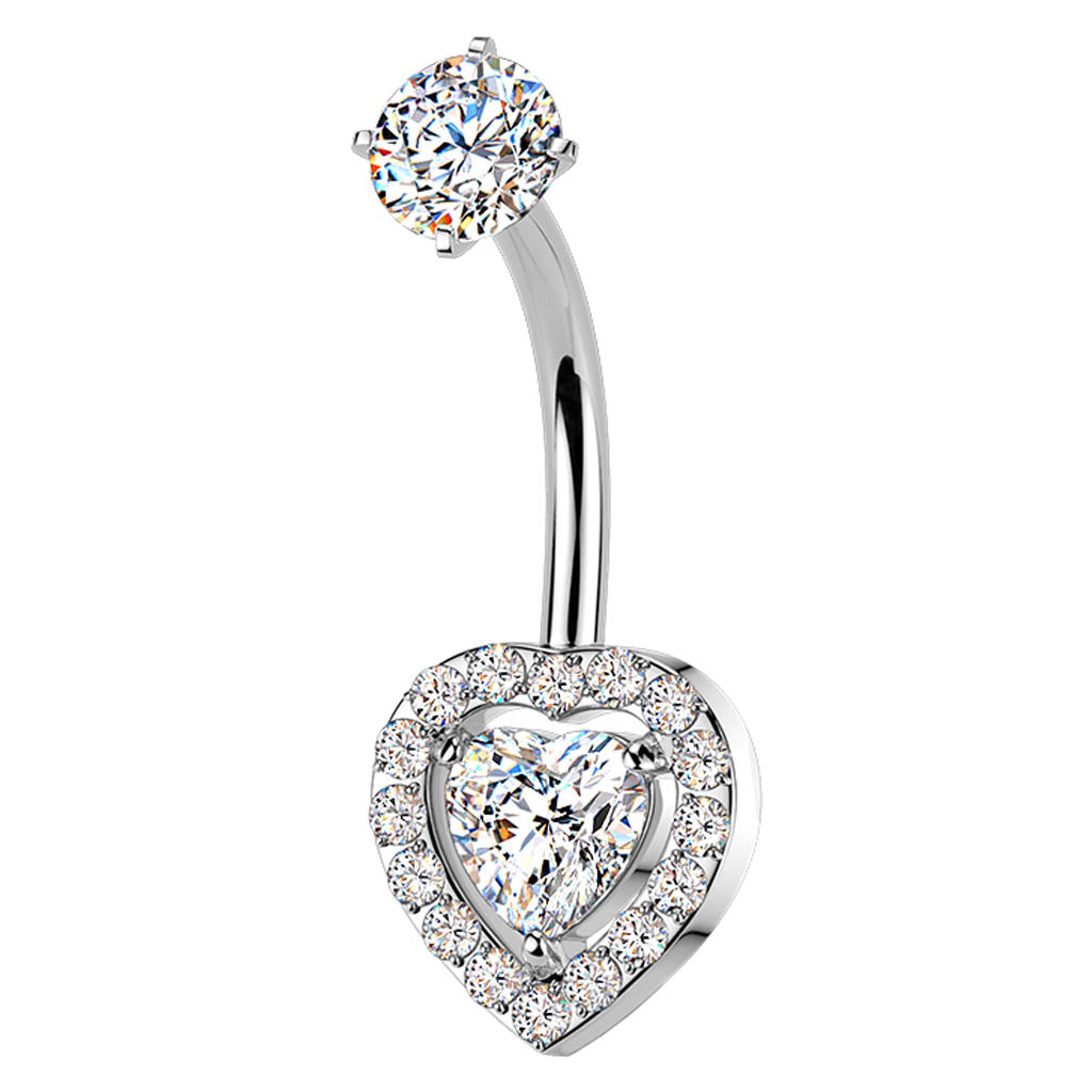 14 Gauge Hypoallergenic Double Crystal Heart Belly Bar
