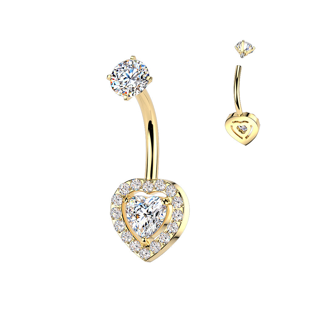 14 Gauge Hypoallergenic Double Crystal Heart Belly Bar