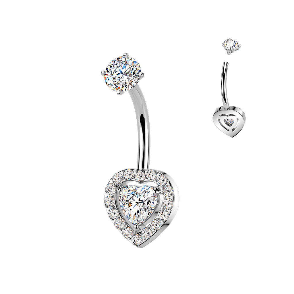14 Gauge Hypoallergenic Double Crystal Heart Belly Bar