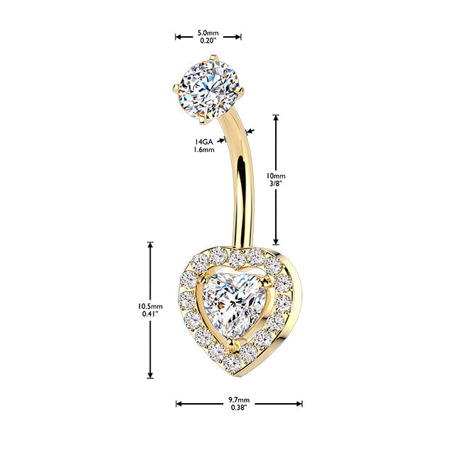 14 Gauge Hypoallergenic Double Crystal Heart Belly Bar