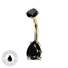 Gold curved barbell piercing stud with a faceted black gemstone at each end, shown on a plain white background with a circular 'skin-safe waterproof' badge in the lower left.