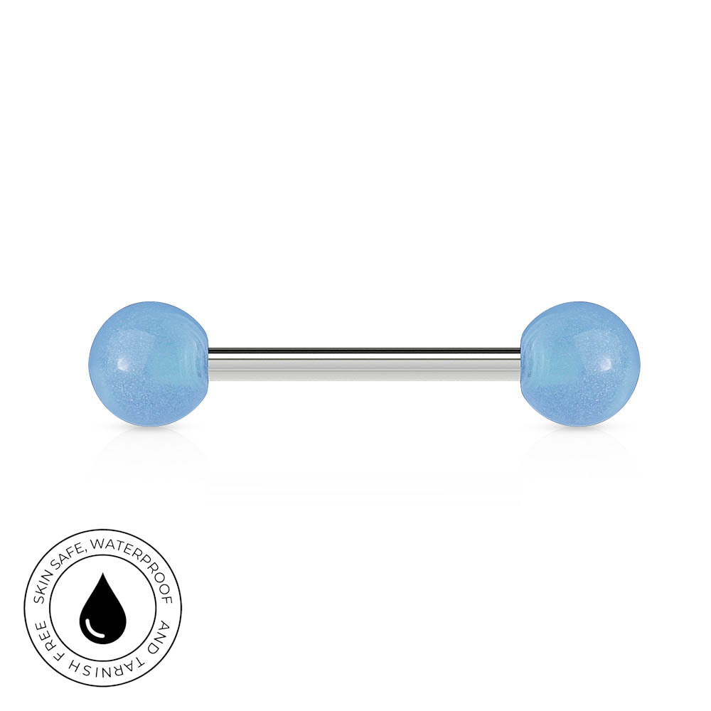 A barbell piercing jewelry piece with two light blue spherical beads and a silver-toned metal center bar, shown on a white background with a circular 'Skin Safe Waterproof' badge in the lower-left corner.