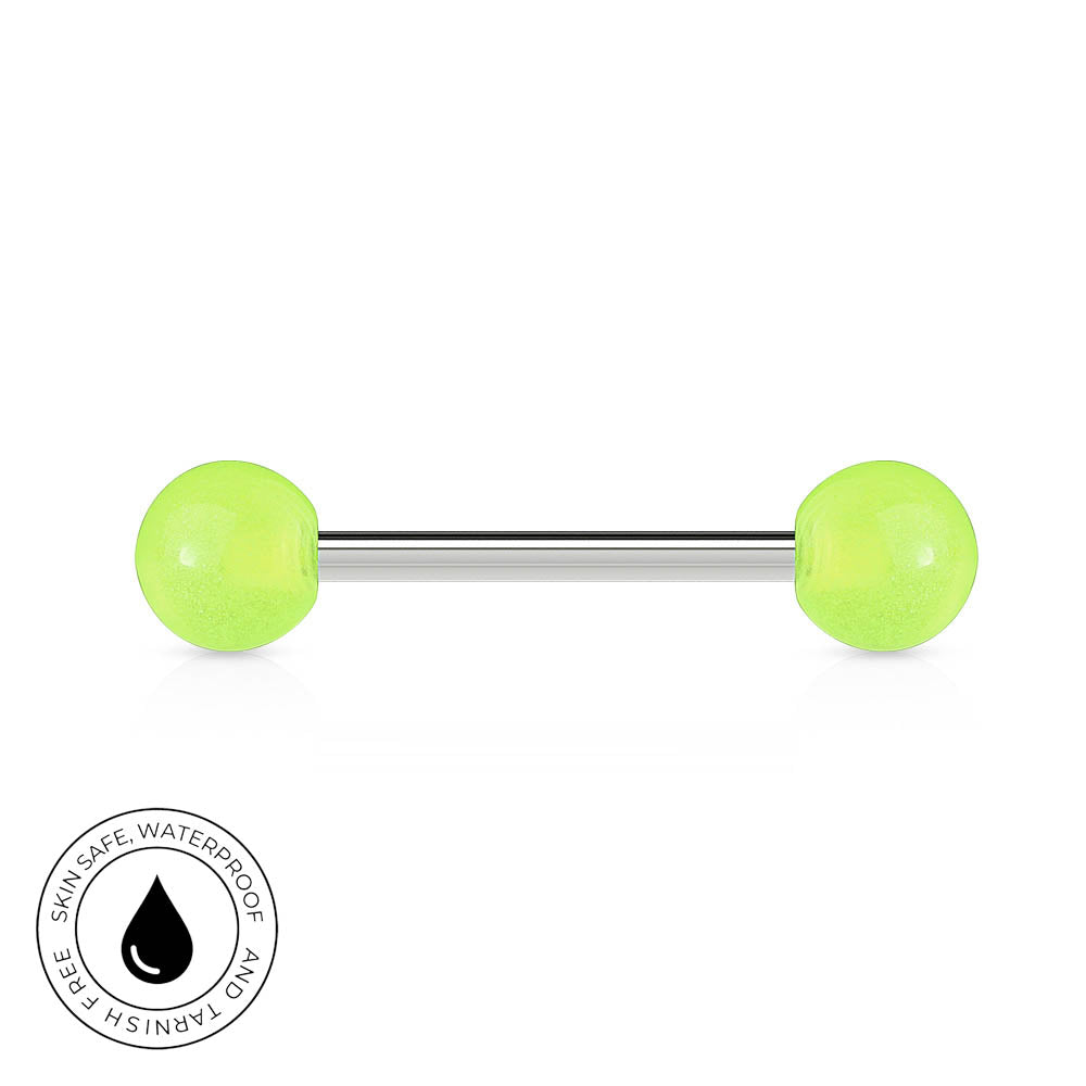 A barbell-style body jewelry piece with two bright neon yellow-green spherical ends connected by a slim metallic shaft, shown on a white background with a circular 'skin-safe waterproof and tarnish free' badge in the lower left.