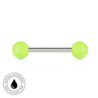 A barbell-style body jewelry piece with two bright neon yellow-green spherical ends connected by a slim metallic shaft, shown on a white background with a circular 'skin-safe waterproof and tarnish free' badge in the lower left.