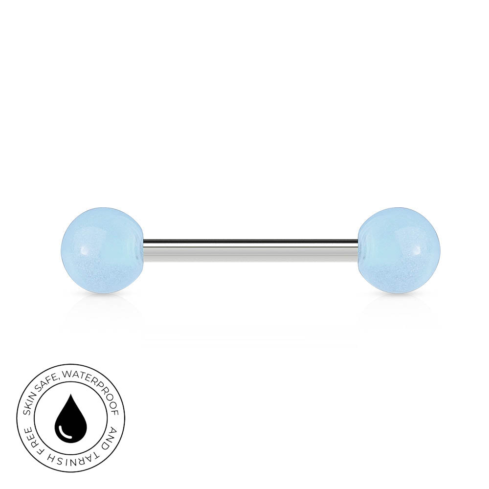 A barbell-style body jewelry piercing with two round light blue gemstone ends and a straight silver-colored metal center bar, shown on a white background with a circular 'Skincare Waterproof' badge in the bottom-left corner.