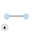 A barbell-style body jewelry piercing with two round light blue gemstone ends and a straight silver-colored metal center bar, shown on a white background with a circular 'Skincare Waterproof' badge in the bottom-left corner.