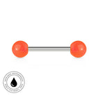 A barbell-style body jewelry piercing with two bright orange spherical ends and a slim silver metal center bar, shown on a white background with a circular 'skin-safe waterproof and tarnish free' badge in the lower left.