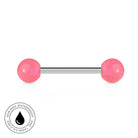 A pink and silver barbell piercing stud with two spherical pink ends, shown on a white background with a circular 'Skin Safe Waterproof' badge in the bottom-left corner.