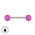 A barbell-style body jewelry piece with a straight silver-toned center bar and two bright pink spherical ends, shown on a white background with a circular 'skin-safe waterproof and tarnish free' badge in the lower left.