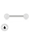 A silver-toned barbell piercing with two matte white spherical ends, shown on a clean white background with a circular 'Skincare Waterproof' badge in the bottom-left corner.