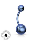 A curved barbell navel piercing stud with metallic blue spheres on both ends, shown on a white background with a circular 'Skin Safe Waterproof' badge in the bottom-left corner.