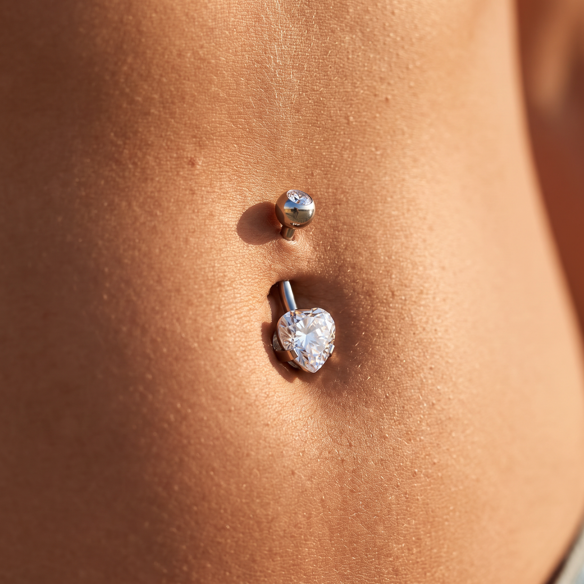 A close-up of a person's lower abdomen showing a silver-toned belly button ring with a heart-shaped clear gemstone and a smaller round silver bead above it.