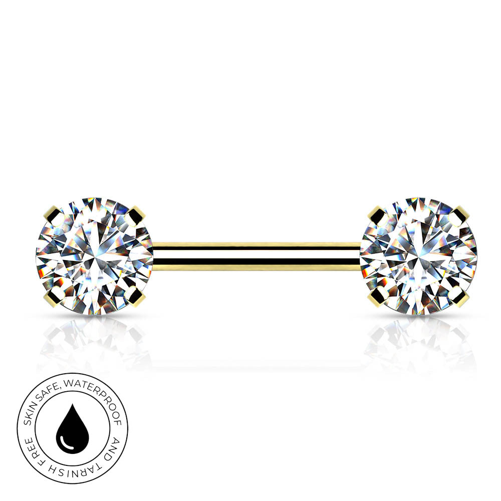 A gold-plated barbell nose ring with two round-cut clear gemstones, shown on a white background with a reflection below. A circular badge in the bottom-left corner reads 'SKIN SAFE WATERPROOF AND TARNISH FREE' with a black water droplet symbol.