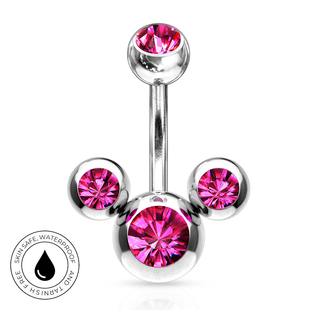 A silver-toned curved barbell belly button ring with three ball ends, each set with a faceted hot pink gemstone. A circular 'Skin Safe Waterproof' badge is shown in the bottom-left corner on a clean white background.